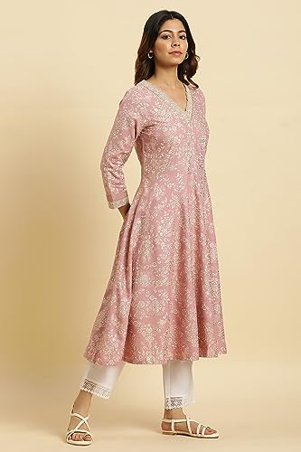 W for Woman Pink Floral Foil Printed Flared Kurta (Size: 2XL)-23AUW19799-119500