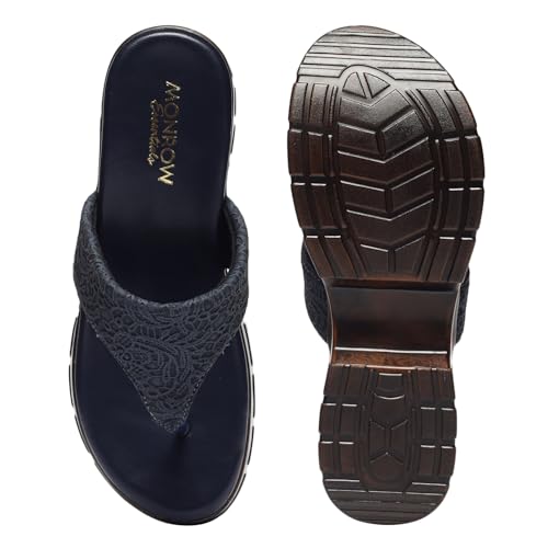 MONROW Fancy and Stylish Wedges Extra Cushioning and Comfortable Fashionable Light Weight Allday Wear Vegan Wedge Heels for Women and Girls Navy Blue 5UK