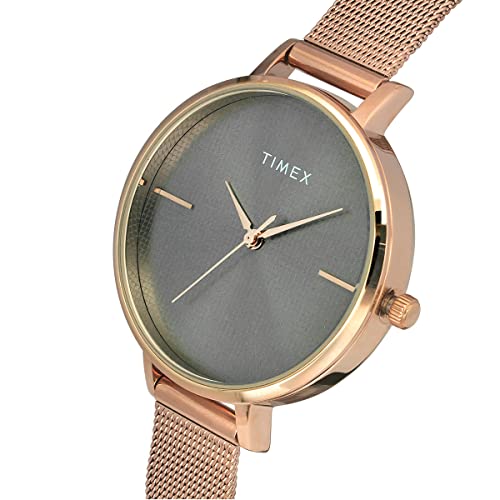 TIMEX Analog Watch for Women with Grey Round Dial & Rose Gold Stainless Steel Bracelet Band Water Resistant Women's Wrist Watches - TWEL155SMU05