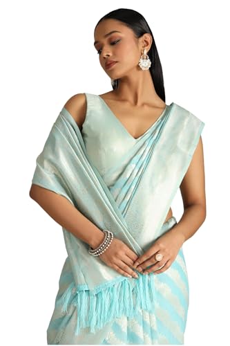 Soch Womens Turquoise Blue Tussar Woven Design Saree