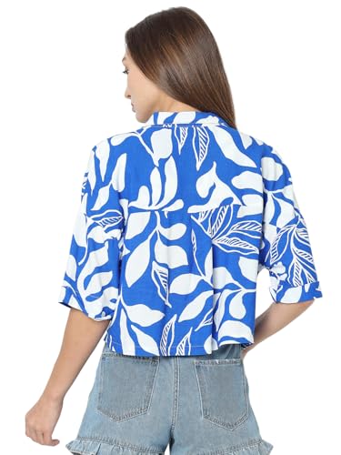 VERO MODA Women Abstract Print Blue Viscose Regular Fit Crop Shirt