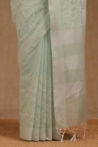 Soch Womens Powder Blue Chanderi Floral Print Saree With Thread Work