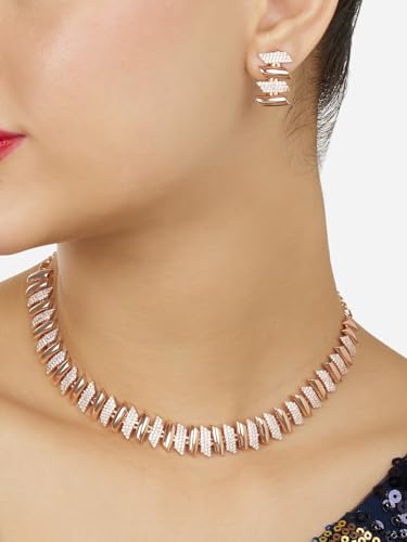 Ami Rose Gold Tone Dazzling Cubic Zirconia Bling Brass Necklace and Earring Set For Women-ZPFK21090
