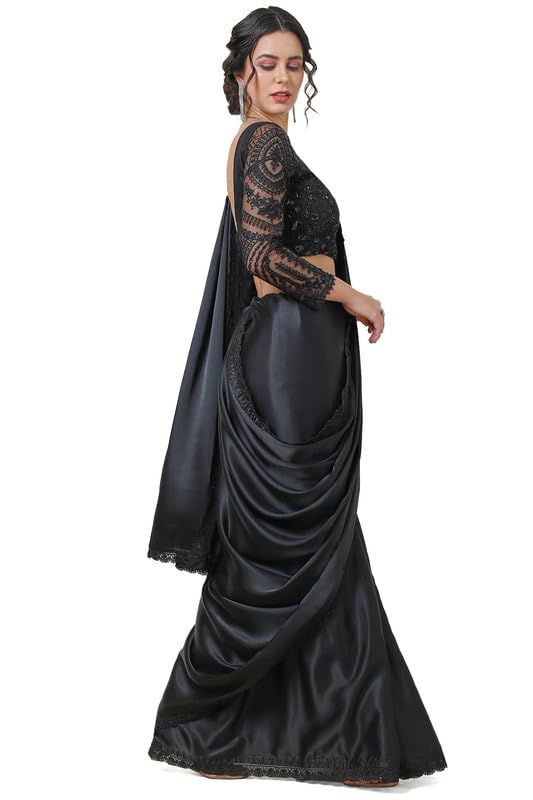 Soch Womens Organza Plain Black Saree with Lace Border