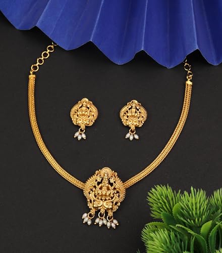 CUTE GOLD Antique Oxidised Plating Necklace With Earring For Women and Girls | Antique Temple Necklace Set for Women & Girls (AN-349)