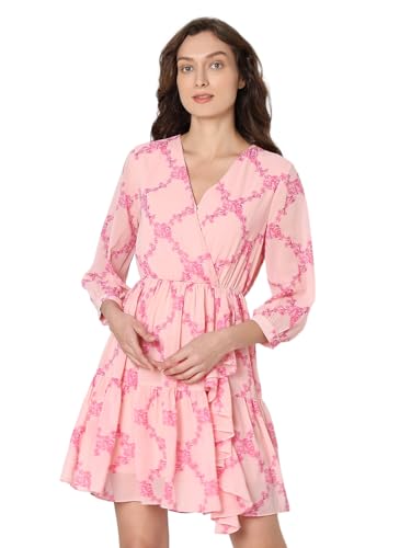 VERO MODA Women Floral Print Pink Polyester Above Knee Length Fit and Flared Dress