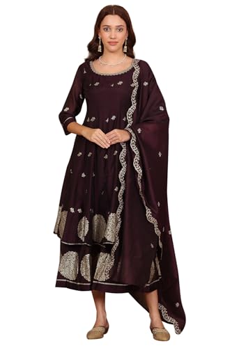 W for Woman Purple Floral Printed Dori Embroidered Chanderi Flared Kurta with Mock Layer and Dupatta Set (Size: XS)-24AUWS11194-124358