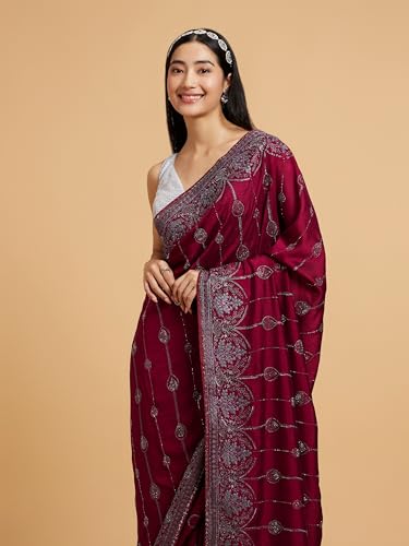 MOHEY Women's Art Silk Stone Work|Zari Saree(Wine)