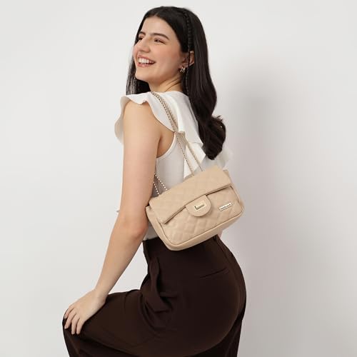 Fastrack Nude PU Structured Quilted Sling Bag for Women | Polished Quilted Chic Exterior | Chain Crossbody