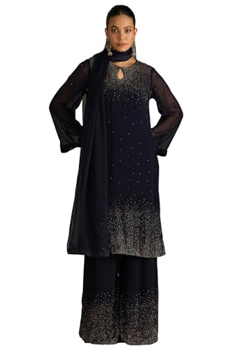 Soch Womens Navy Blue Georgette Suit Set With Stone Work