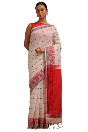 Soch Womens White Cotton Woven Design Saree
