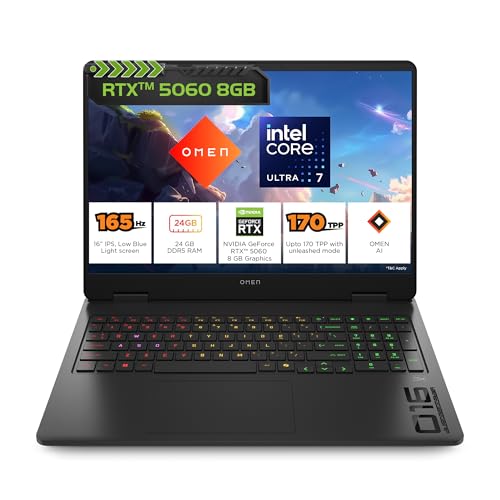 HP Omen, Intel Core Ultra 7 255H, 8GB RTX 5060, 24GB DDR5(Upgradeable) 1TB SSD, 2K, 165Hz, 3ms Response time, IPS, 16''/40.6cm, Win11, M365*Office24, Shadow Black, 2.43kg, am0238tx, RGB Gaming Laptop