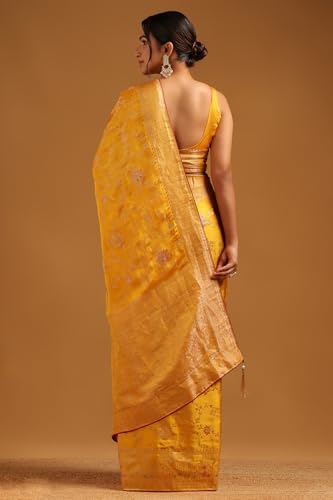 Soch Womens Mustard Satin Botanical Saree With Zari Woven