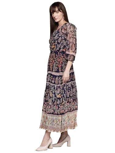 Label RITU KUMAR V Neck Full Sleeves Printed Long Dress Navy