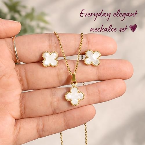 Clover Anti Tarnish Necklace Set | Clover Necklace and Earrings Jewellery Set for Women | Waterproof and hypoallergenic | Stylish Minimal Jewelry Sets | Modern Design Aesthetic Accessories | Ideal for Occasional Gifting | Comes in a gift box (Pearl White)