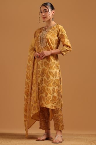 Soch Womens Mustard Cotton Blend Digital Printed Botanical Block Print Salwar Suit