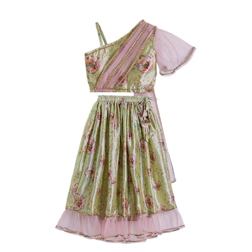 Hopscotch Girls Asymmetrical Yellow 2-Pc Ruffle Embellished Lehenga Choli Set For Ages (6-7 Years)