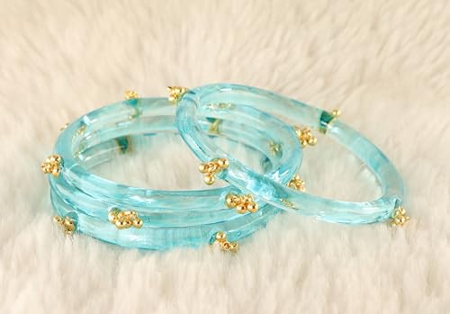 STYOLLO Crystal Kashmiri Ghungroo Glass Kada For Women & Girls | Decorative Stone Pattern | Festival Party Jewelry | Glass Bangle For Gift - Set of 4 (SYL_ABS6-Surf-2.8)
