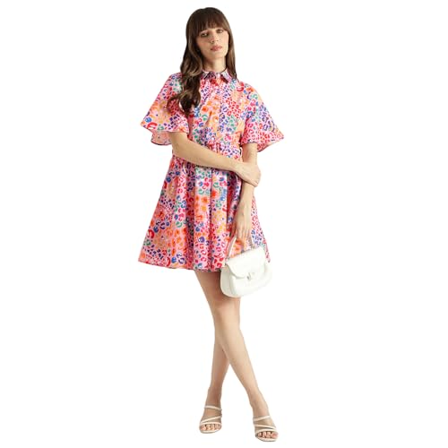 United Colors of Benetton Spread Collar Printed Flared Dress (Size: S)-25A4WVNDR408I902 Multicolour
