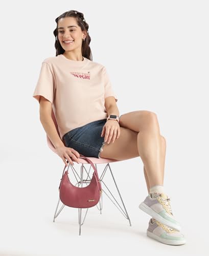 Jockey D200 Women's Disney Collection Super Combed Cotton Rich Oversized Fit Printed T-Shirt_Cameo Rose_S