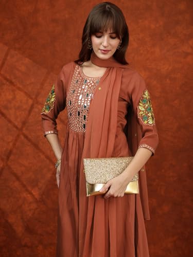 NIVANA Mirror Embroidered Kurta with Pant & Embroidered Dupatta | XL | Rust