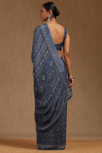 Soch Womens Blue Crepe Ethnic Motifs Saree
