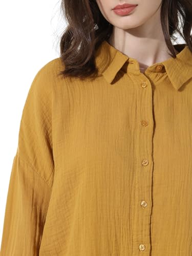 ONLY Women Solid Cotton Oversized Fit Yellow Shirt