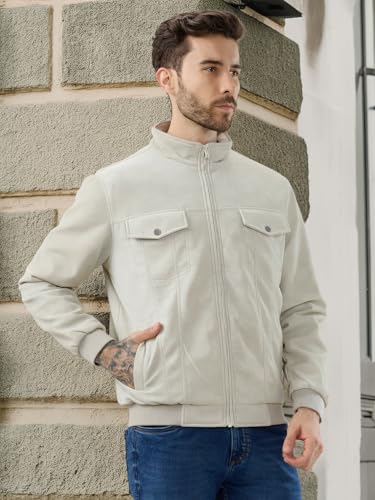 Status Quo Men's Solid Suede Finish Stand Collar Regular Fit Jacket | 100% Polyester | BEIGE | L Size