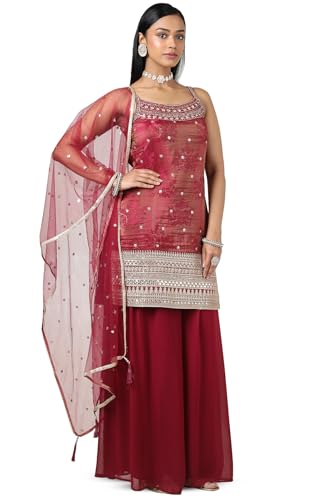 Soch Womens Magenta Tissue Embroidered Suit Set With Sequins