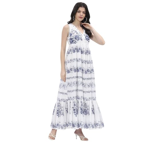 BIBA Women Off-White-Blue Cotton Tiered Printed Dress_36