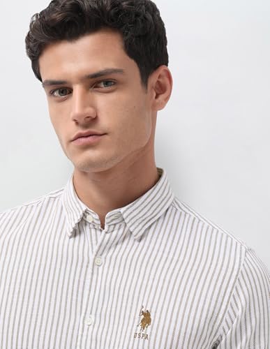 U.S. Polo Assn. Denim Co. Men's Vertical Striped Seersucker Shirt (UDSHT2232_Ochre_46)