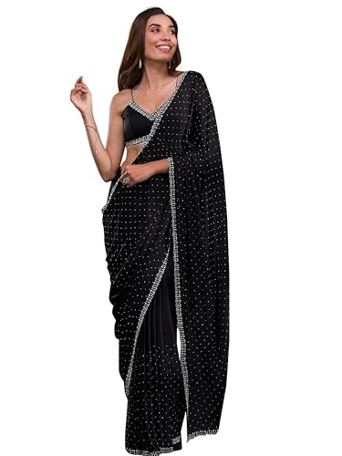 TRENDMALLS Women's Satin Georgette Siroski work Saree with Unstitched Blouse Piece (K1086-Black)