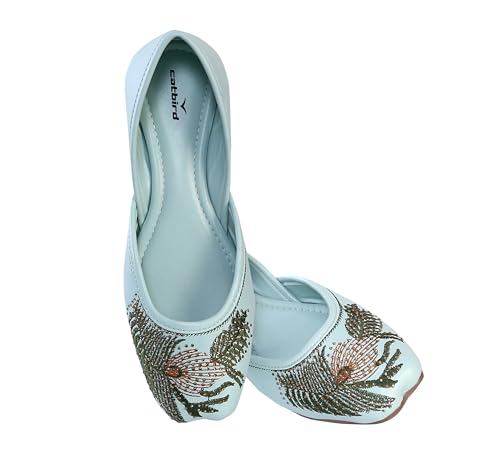 CatBird Women’s Embroidered Ethnic Jutti with Leaf Motif | Soft Cushioned Slip-On Mojari | Lightweight Traditional Flats for Casual 5 UK Mint Green
