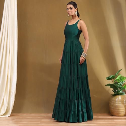 Biba Women Emerald Green Silk Festive Tiered Anarkali Dress_34
