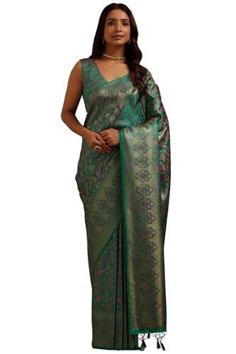 Soch Womens Teal GreenTussar Floral Woven Design Saree