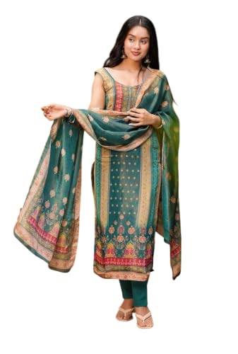 Women's Teal Green Printed Silk Blend Kurta Set With Dupatta And Pant