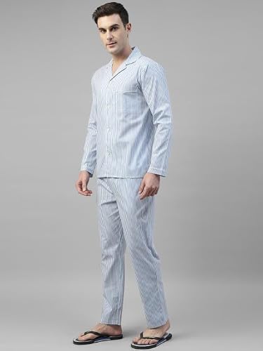 Hancock Men Cotton Striped Relaxed Fit Night Suit White Size S