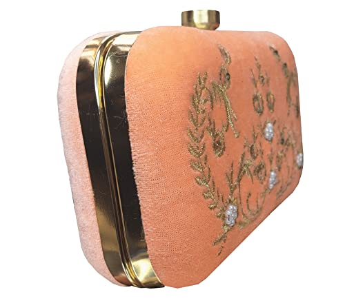 DUCHESS Peach Velvet Hand embroidered Clutch for Weddings