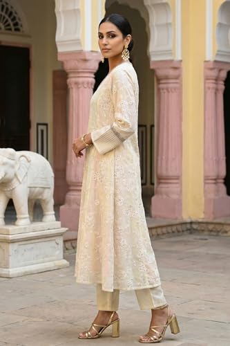 Wishful Women’s Powder Yellow Sequins Embroidered Straight Georgette Kurta with Straight Pants and Dupatta Set - (SP13602-400512-S)