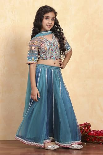 Biba Girls Blue Cotton Printed Kalidar Lehenga Set_4-5Y