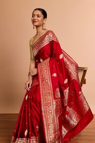 Taneira Women Red Pure Silk Kadwa Banaras Saree With Unstitched Blouse Piece (SAIH04AC5735-Red)