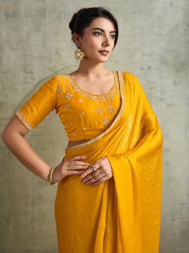 AKHILAM Women's Yellow Chiffon Embellished Saree With Unstitched Blouse Piece (AMELIA13003_SUM)