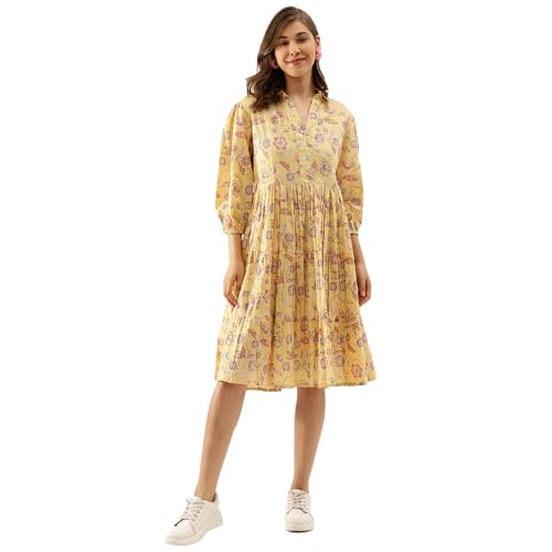 Divena Yellow Floral Printed Rayon Dress for Women
