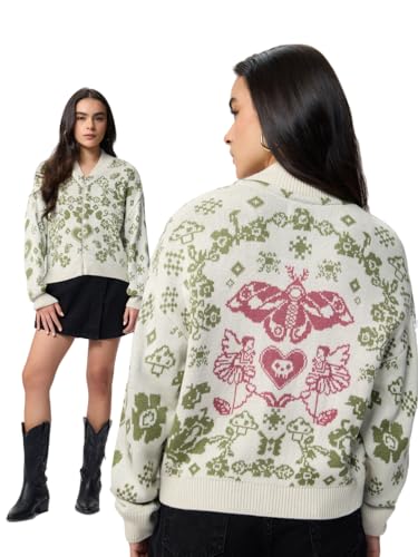 The Souled Store Fairytale Women and Girls Long Sleeves Round Neck Printed Knitted Acrylic Zippered Front Drop Shoulder Streetwear Trendy Oversized Sweater