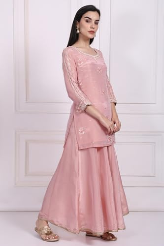 W for Woman Pink Embroidered Zari Embellished Straight Tissue Kurta with Sharara and Dupatta Set (WS13087-224072-S)