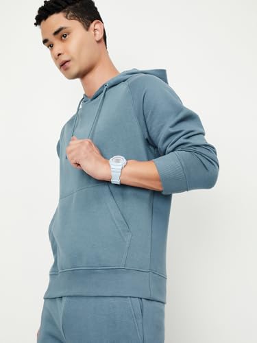 Max Men's Cotton Blend Round Neck Hooded Sweatshirt (SPCSSWN2451ATLIGHT Blue