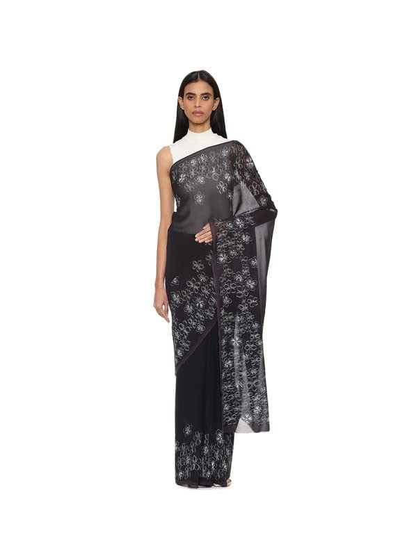 Satya Paul Black Georgette Silk Printed Saree with Blouse piece