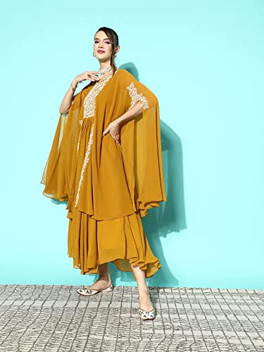 LYMI LABEL Gown For Women - Georgette sequence Embroidered Floor length Exaggerated Sleeves Fit & Flared Gown (Mustard)