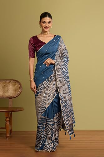 Taneira Women Dark Blue Murshidabad Block Print Pure Silk Saree with Unstitched Blouse Piece (SAIH01AC1467-Dark Blue)