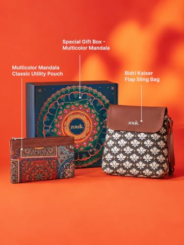 ZOUK Bidri Sling Bag & Utility Pouch Gift Set | Rakhi Gift for Sister | Vegan Leather Crossbody Sling with Travel Organiser Pouch | Handcrafted in India